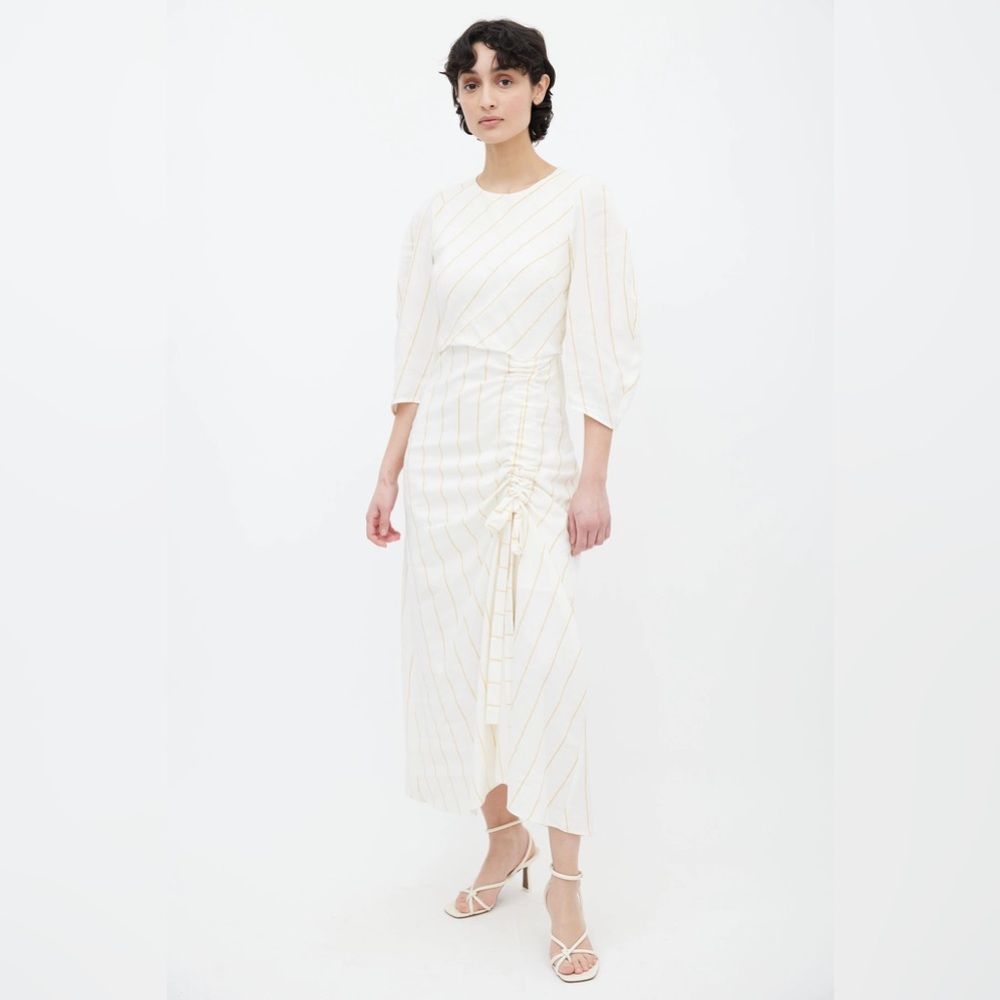 Maje Cream & Mustard Ruched Stripe Midi Dress midi with Sleeves. Size 1
